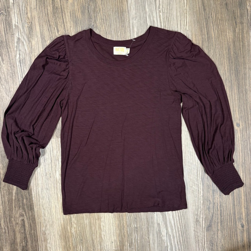 Nation LTD Dark Academia Pima Cotton Puff Sleeve Smocked Cuff Top Plum Purple M